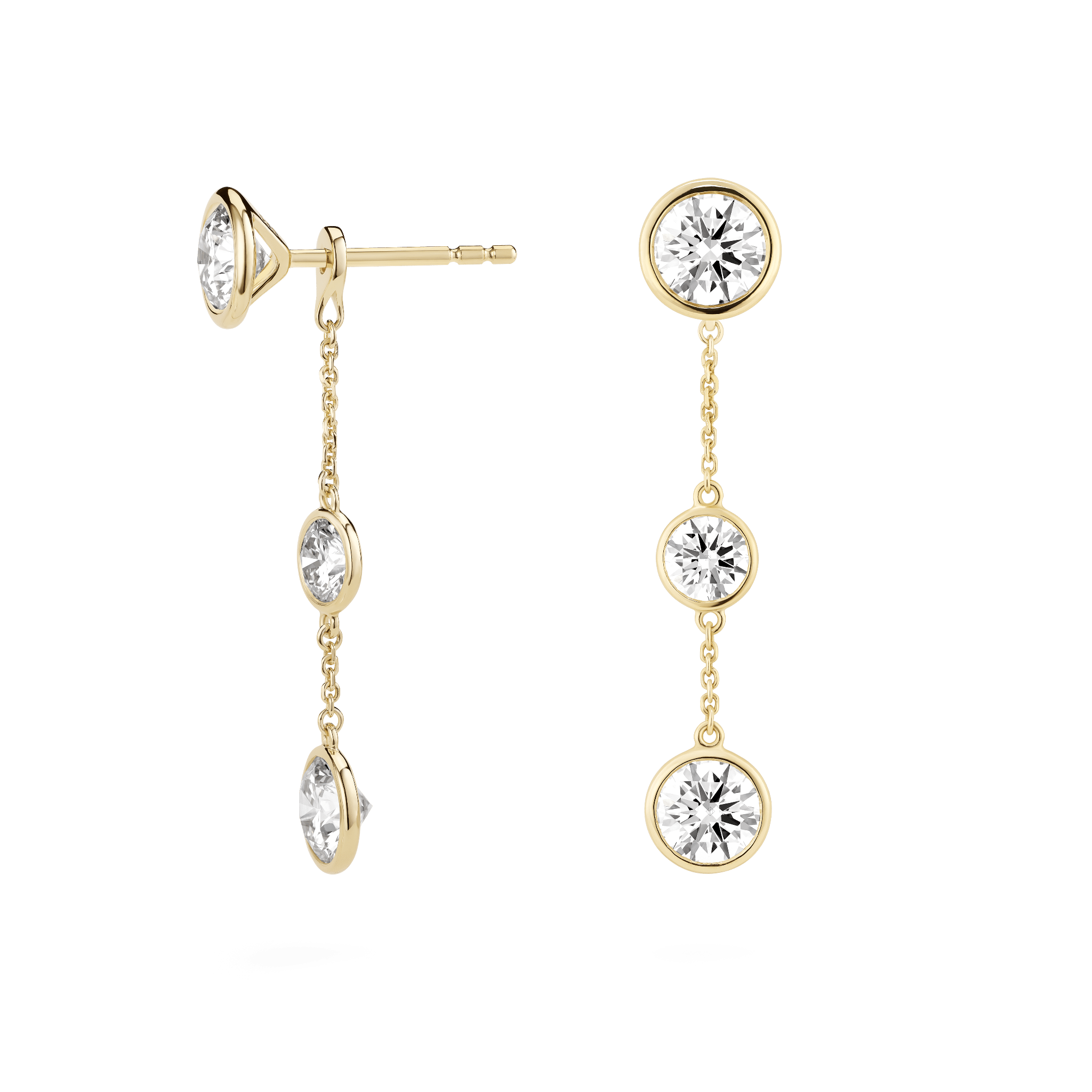 Side view of white gold double drop bezel earring jackets with bezel studs