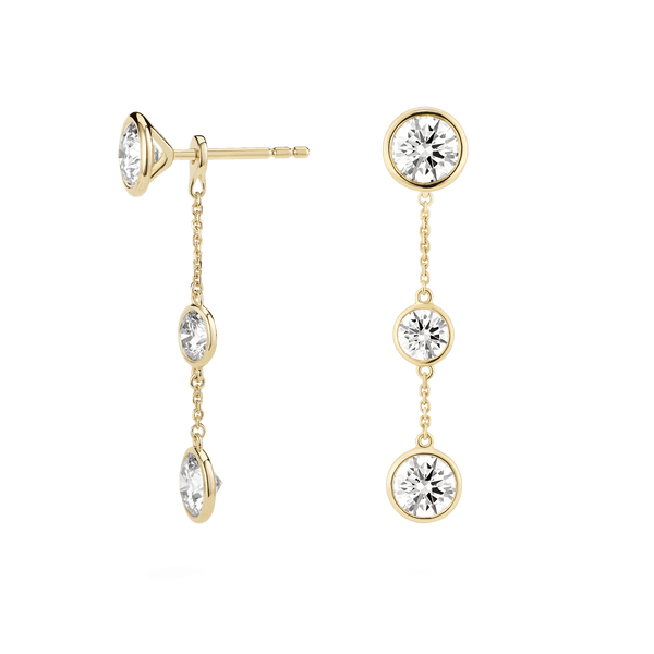 Side view of white gold double drop bezel earring jackets with bezel studs