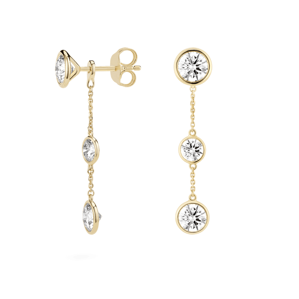 Side view of white gold double drop bezel earring jackets with bezel studs