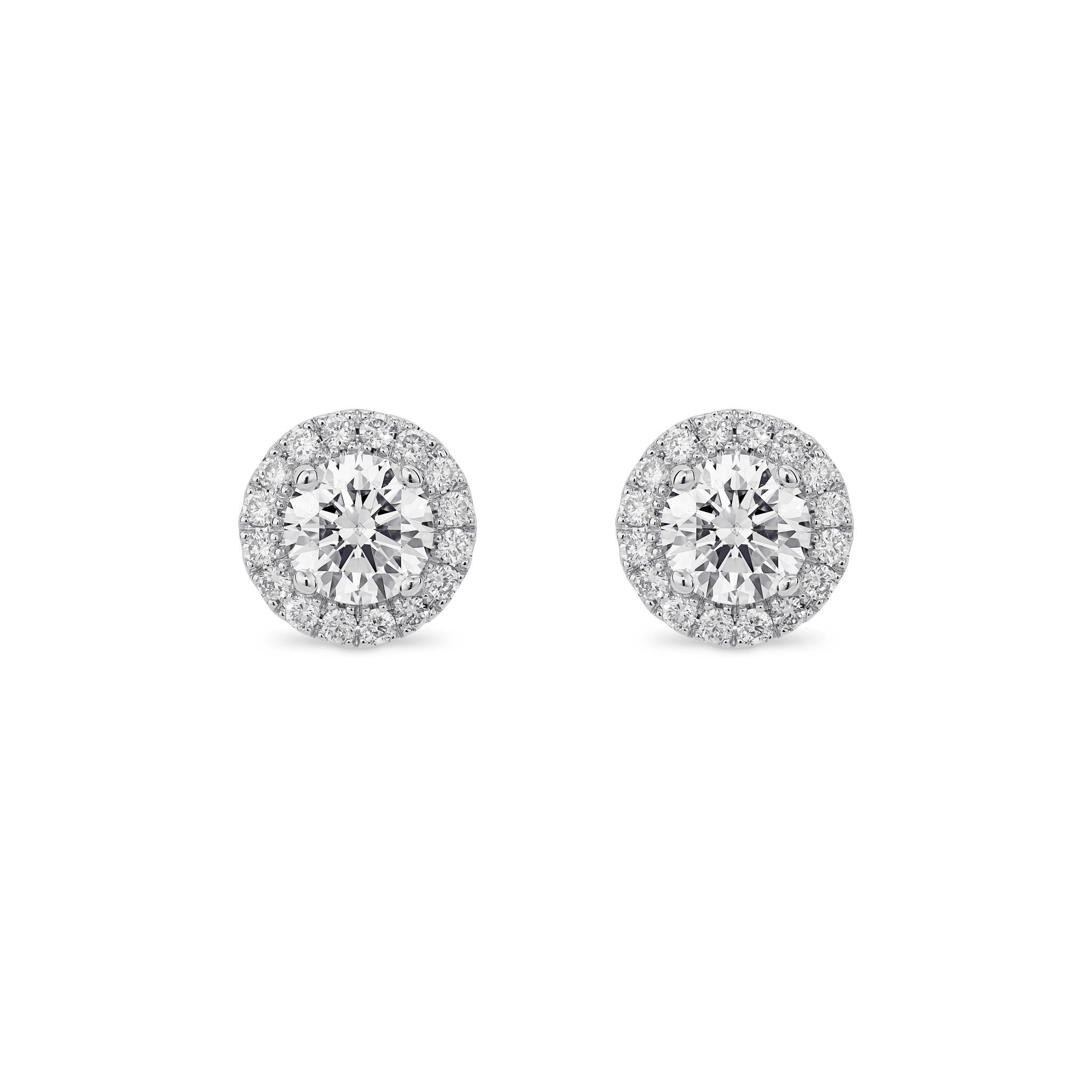 Front view of 1 carat total weight round brilliant halo studs