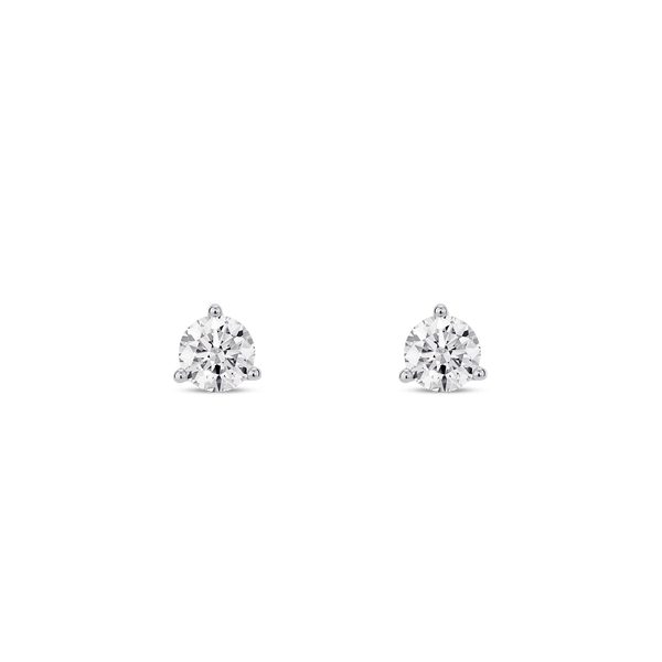 Front view of white gold, lab-grown 0.5 carat total weight round brilliant studs