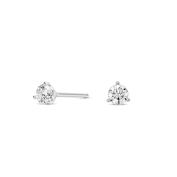 Side view of white gold, lab-grown 0.5 carat total weight round brilliant studs