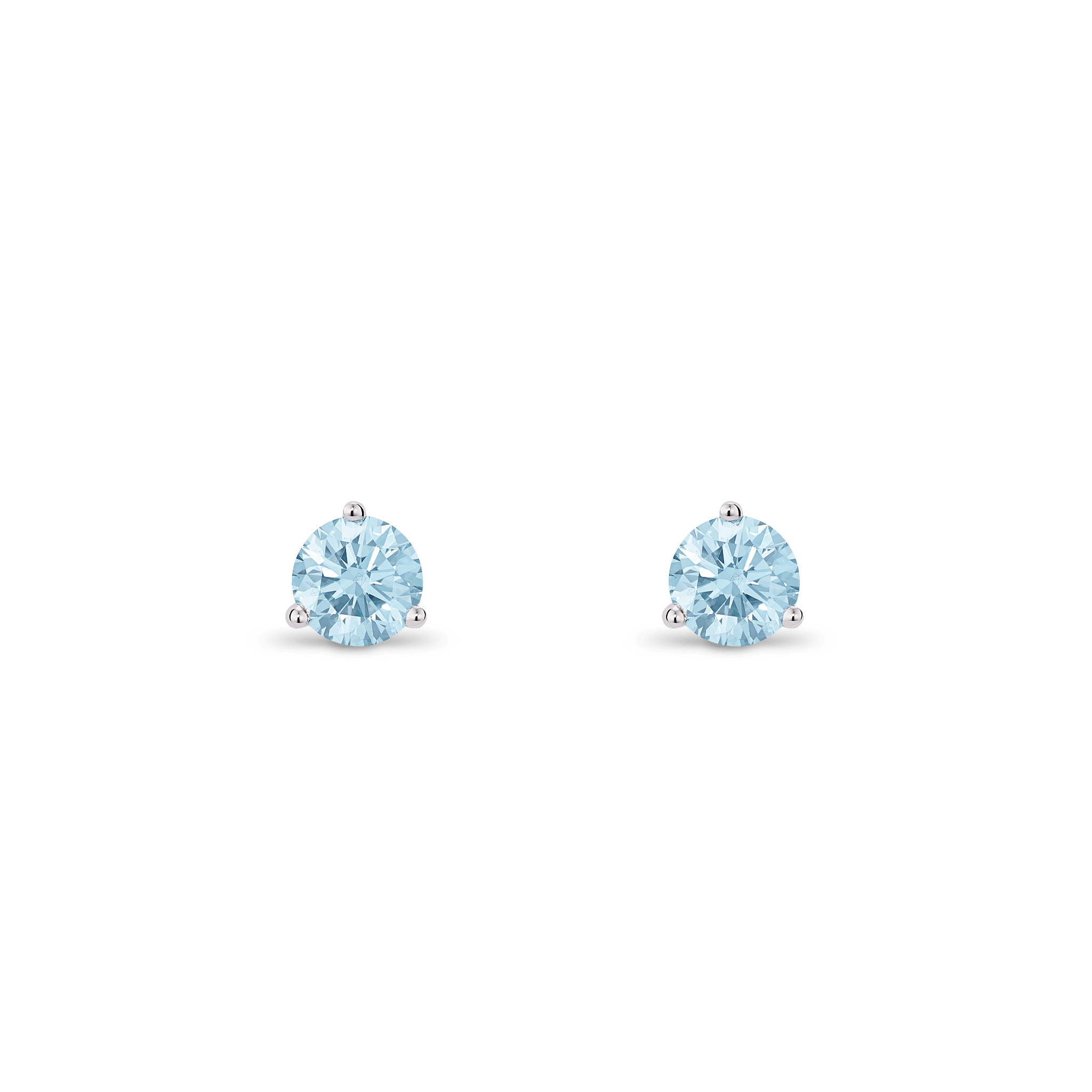 Front view of white gold, lab-grown blue 0.5 carat total weight round brilliant studs