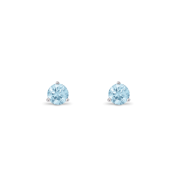 Front view of white gold, lab-grown blue 0.5 carat total weight round brilliant studs