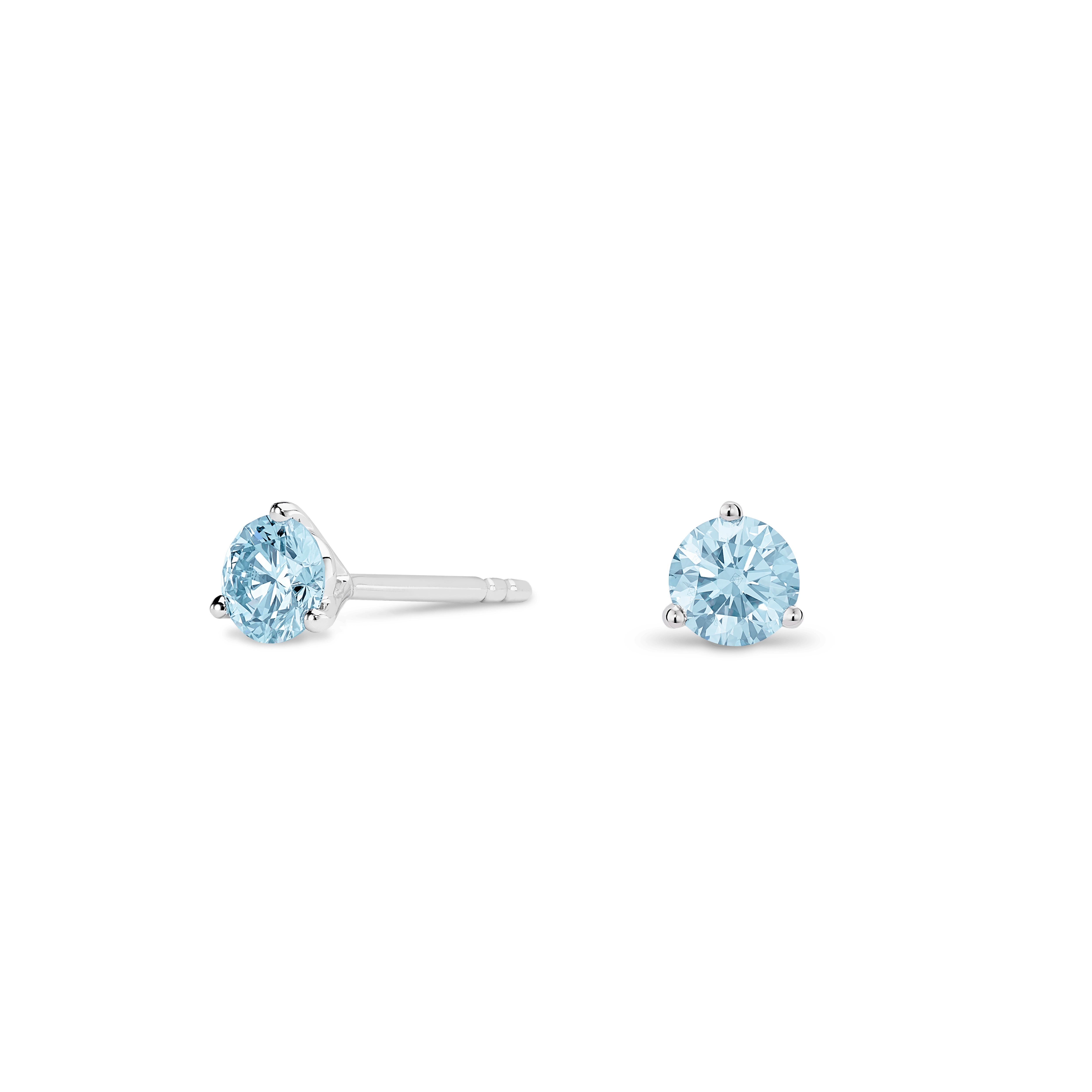 Side view of white gold, lab-grown blue 0.5 carat total weight round brilliant studs