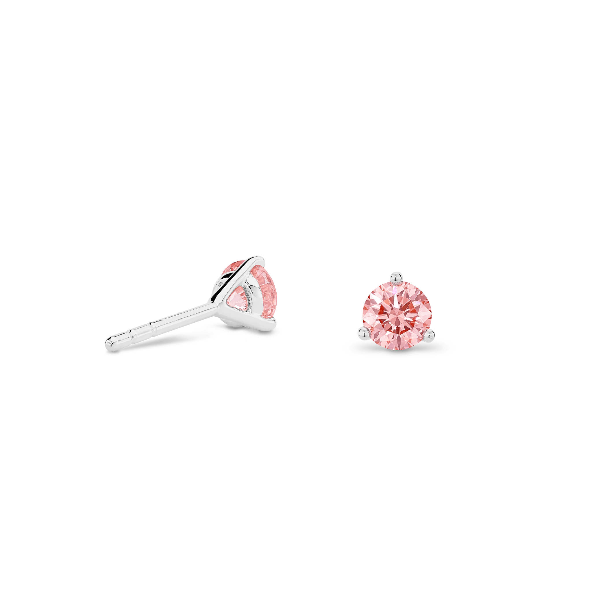 Side view of white gold, lab-grown pink 0.5 carat total weight round brilliant studs