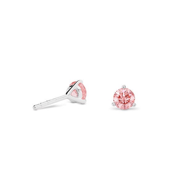 Side view of white gold, lab-grown pink 0.5 carat total weight round brilliant studs