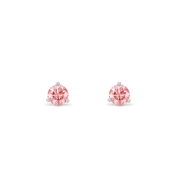 Front view of white gold, lab-grown pink 0.5 carat total weight round brilliant studs