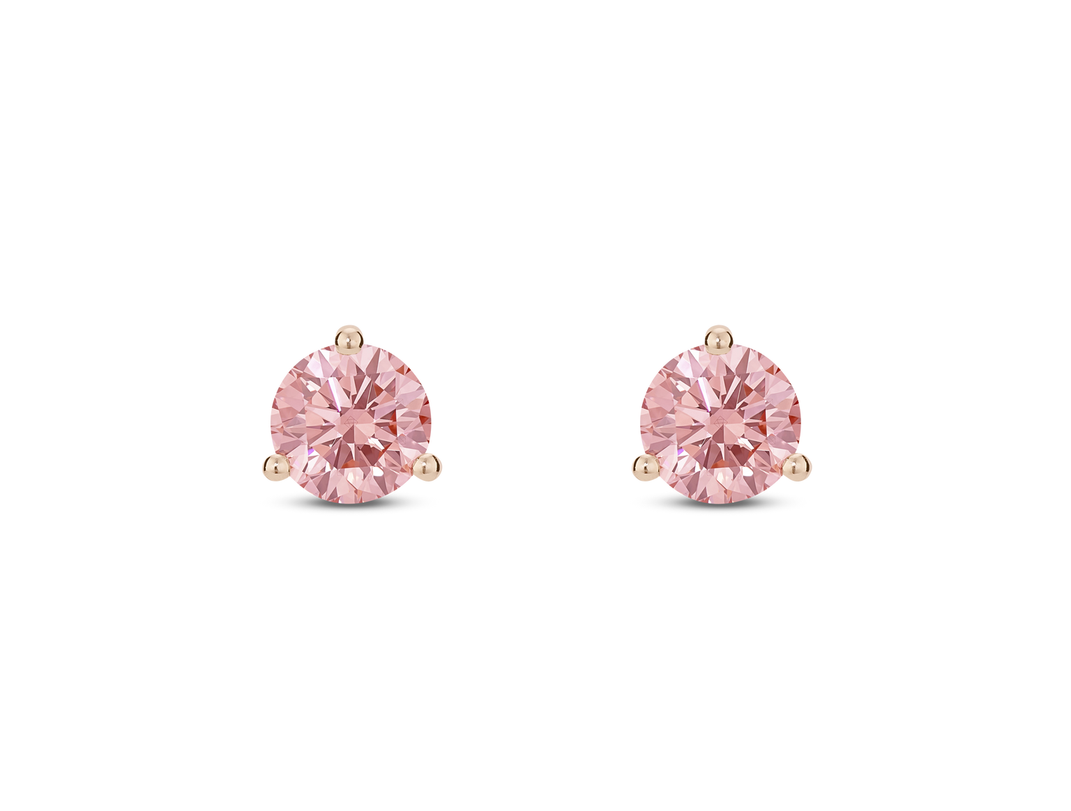 Front view of pink lab grown diamond 1 carat total weight round brilliant studs in 14k rose gold