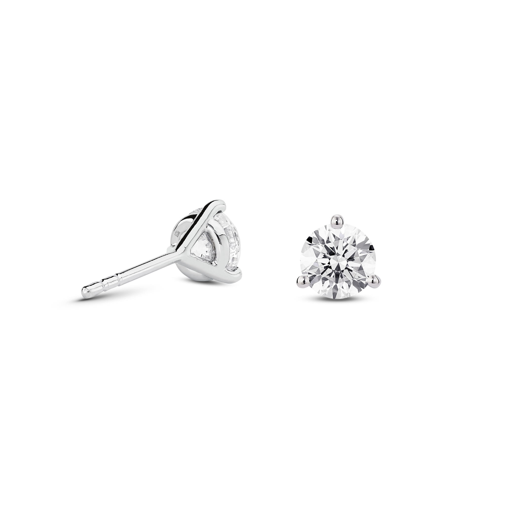 Back view of white gold, lab-grown 1 carat total weight round brilliant studs