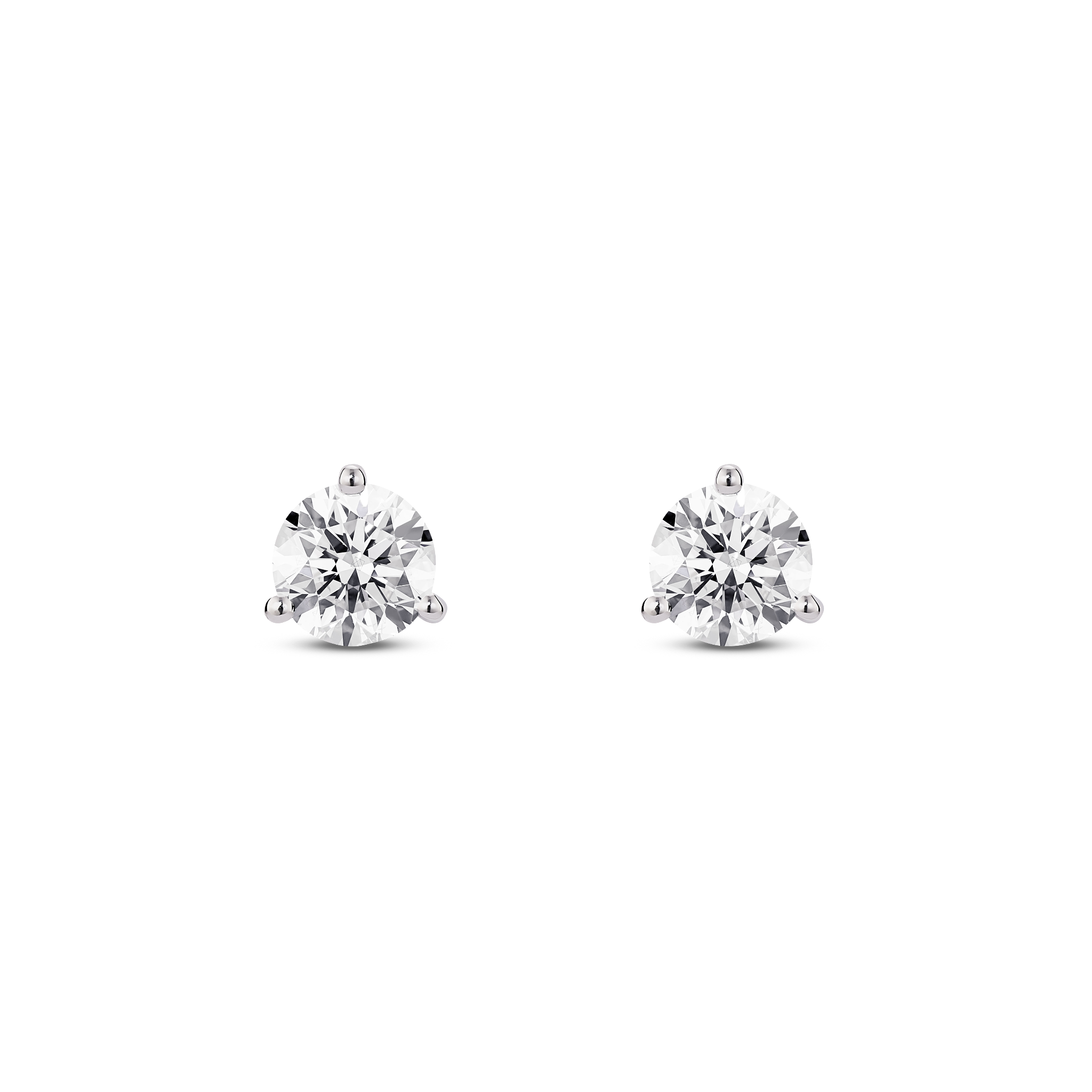 Front view of white gold, lab-grown 1 carat total weight round brilliant studs