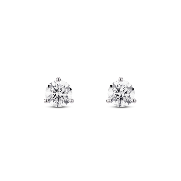 Front view of white gold, lab-grown 1 carat total weight round brilliant studs