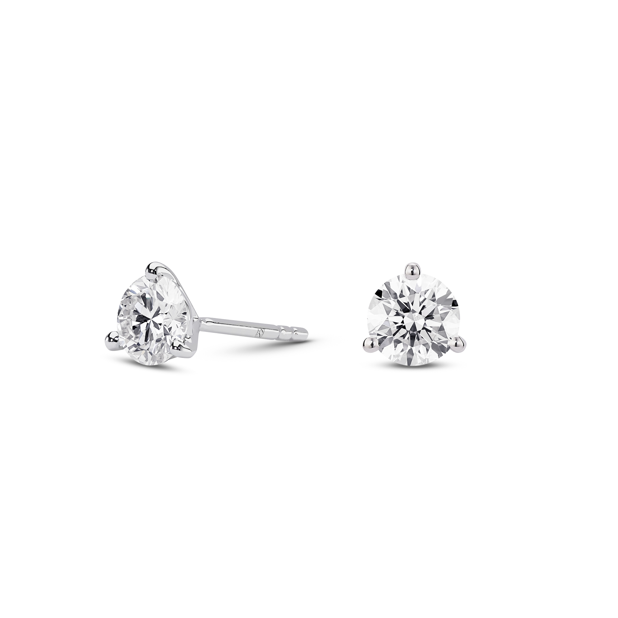 Side view of white gold, lab-grown 1 carat total weight round brilliant studs
