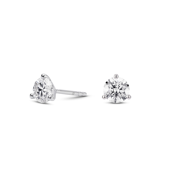 Side view of white gold, lab-grown 1 carat total weight round brilliant studs
