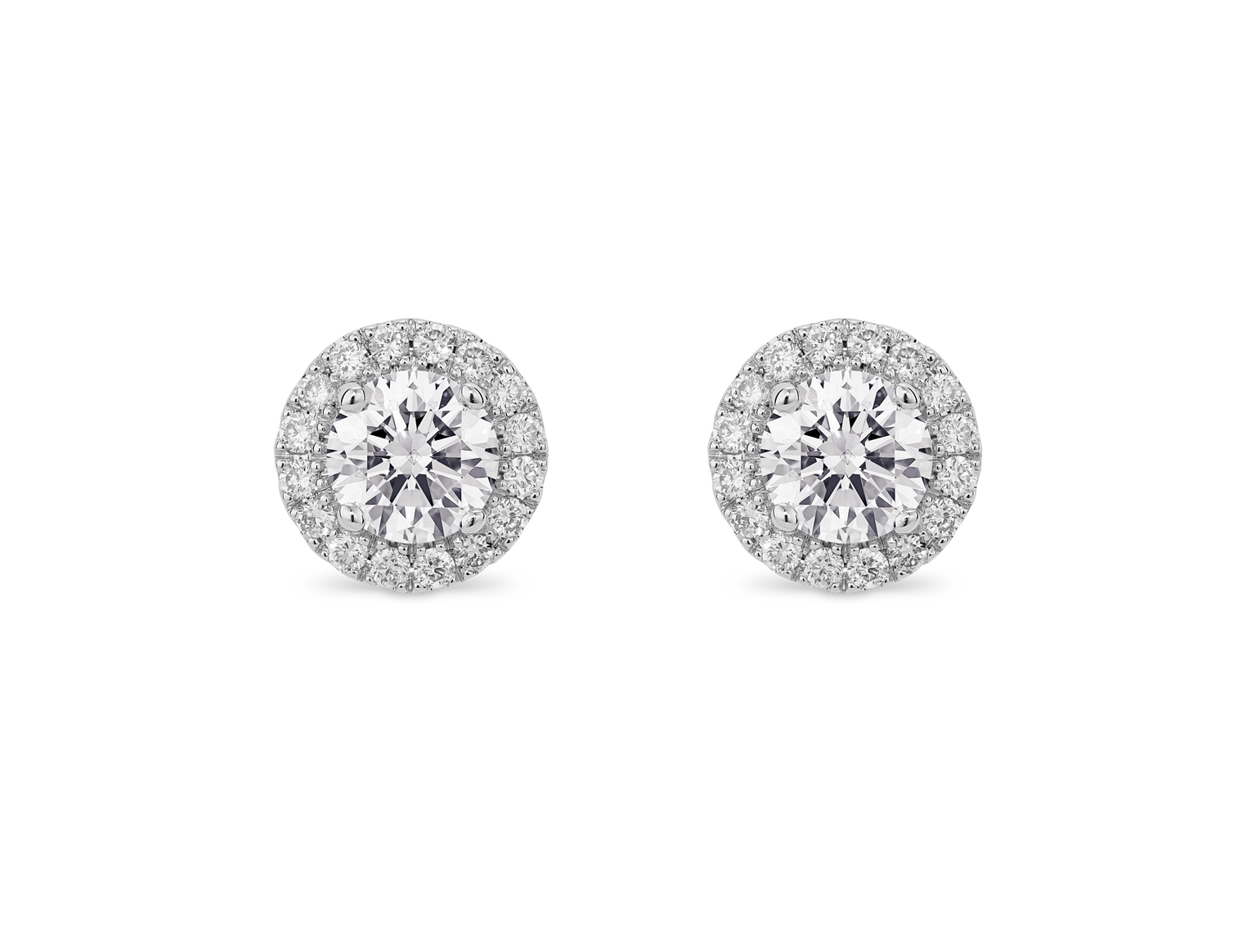 Front view of 1 carat total weight halo studs in 10k white gold