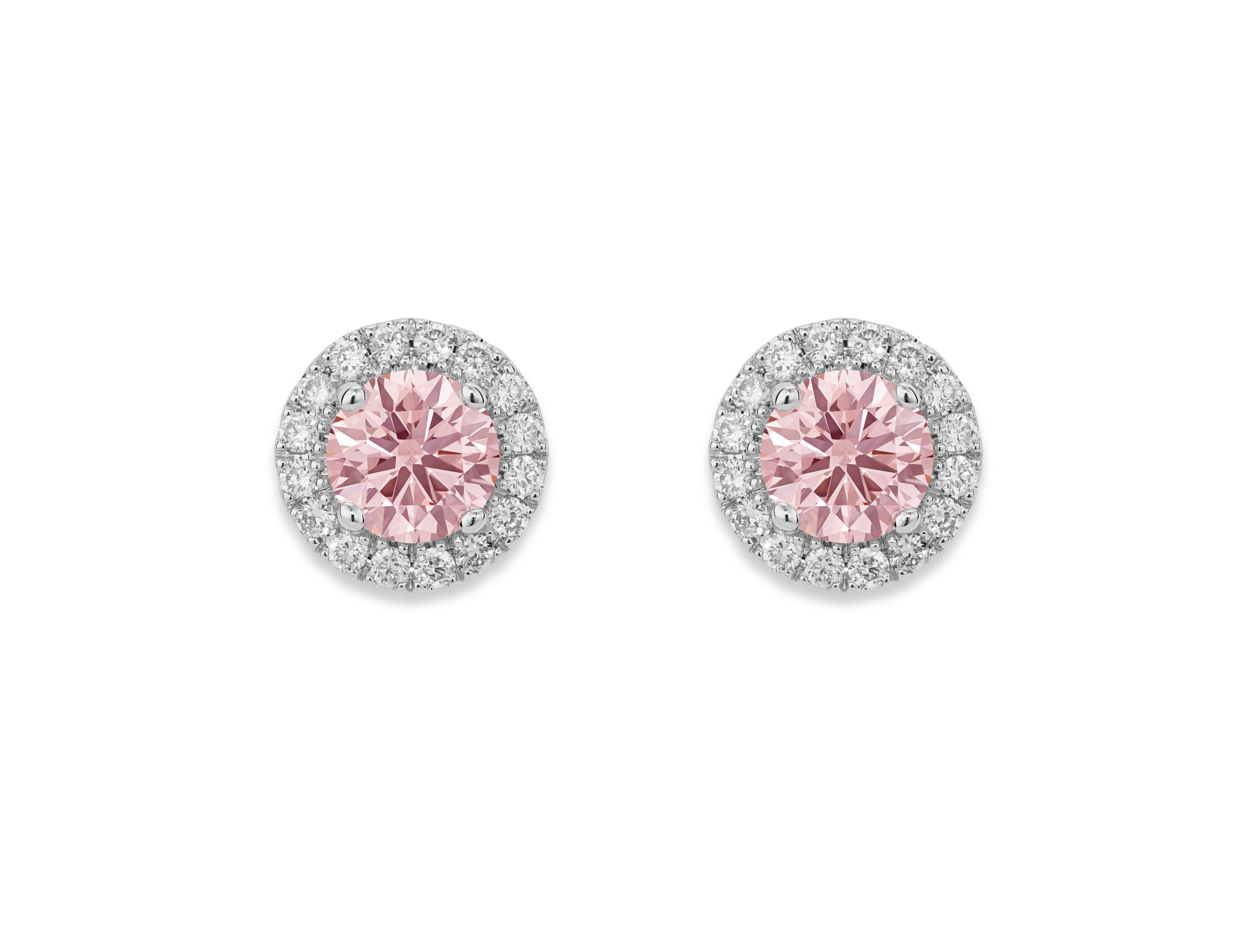Front view of pink 1 carat total weight halo earrings in 14k white gold