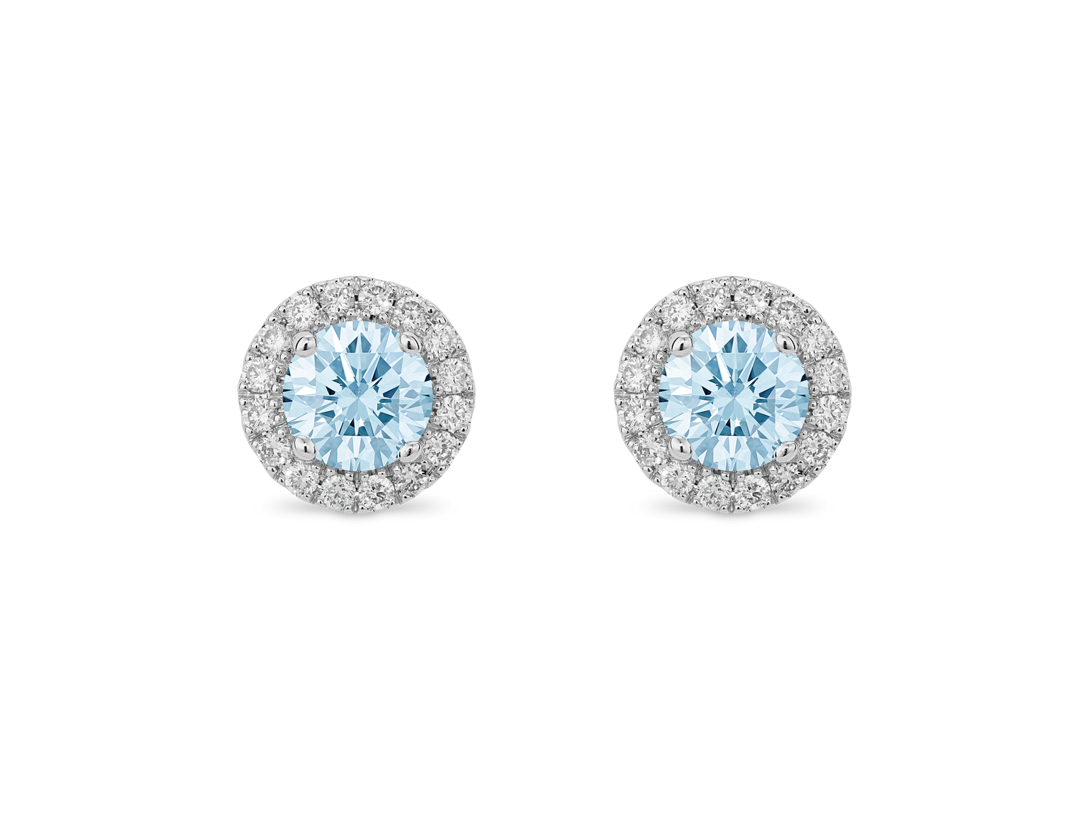Front view of 1 carat total weight blue lab-grown diamond halo studs in 10k white gold