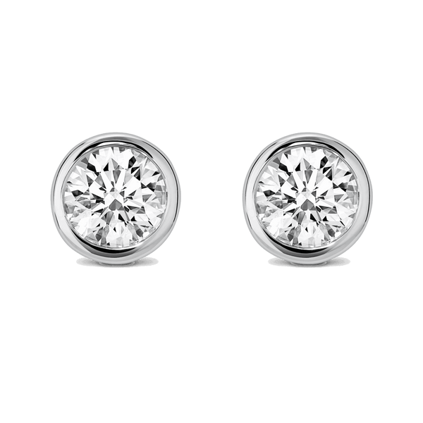 Front view of 1 carat total weight, sterling silver bezel set round brilliant studs