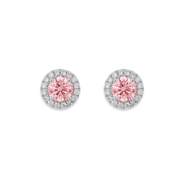 Front view of pink 1 carat total weight round brilliant halo studs