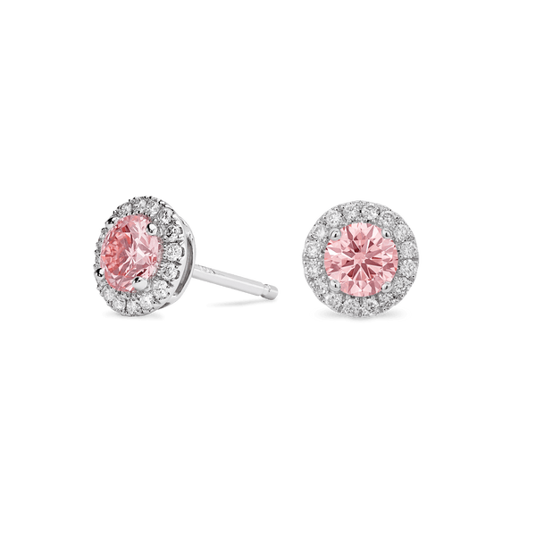 Side view of pink 1 carat total weight round brilliant halo studs