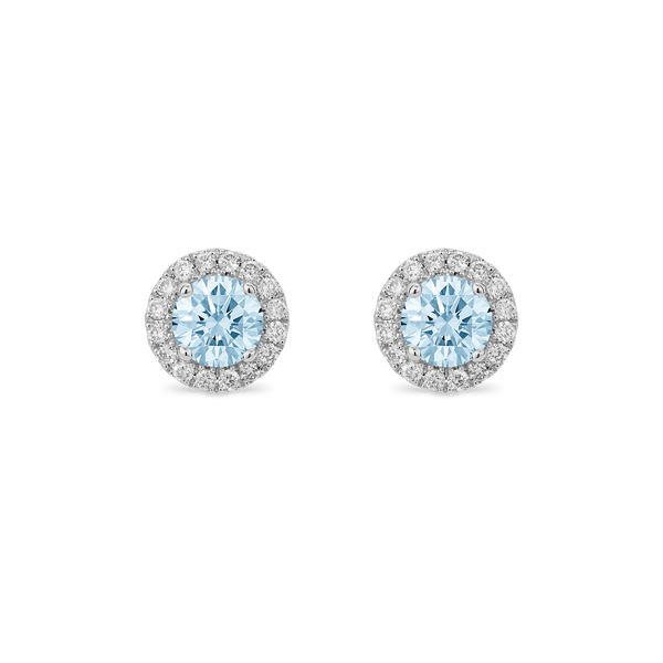 Front view of blue 1 carat total weight round brilliant halo studs