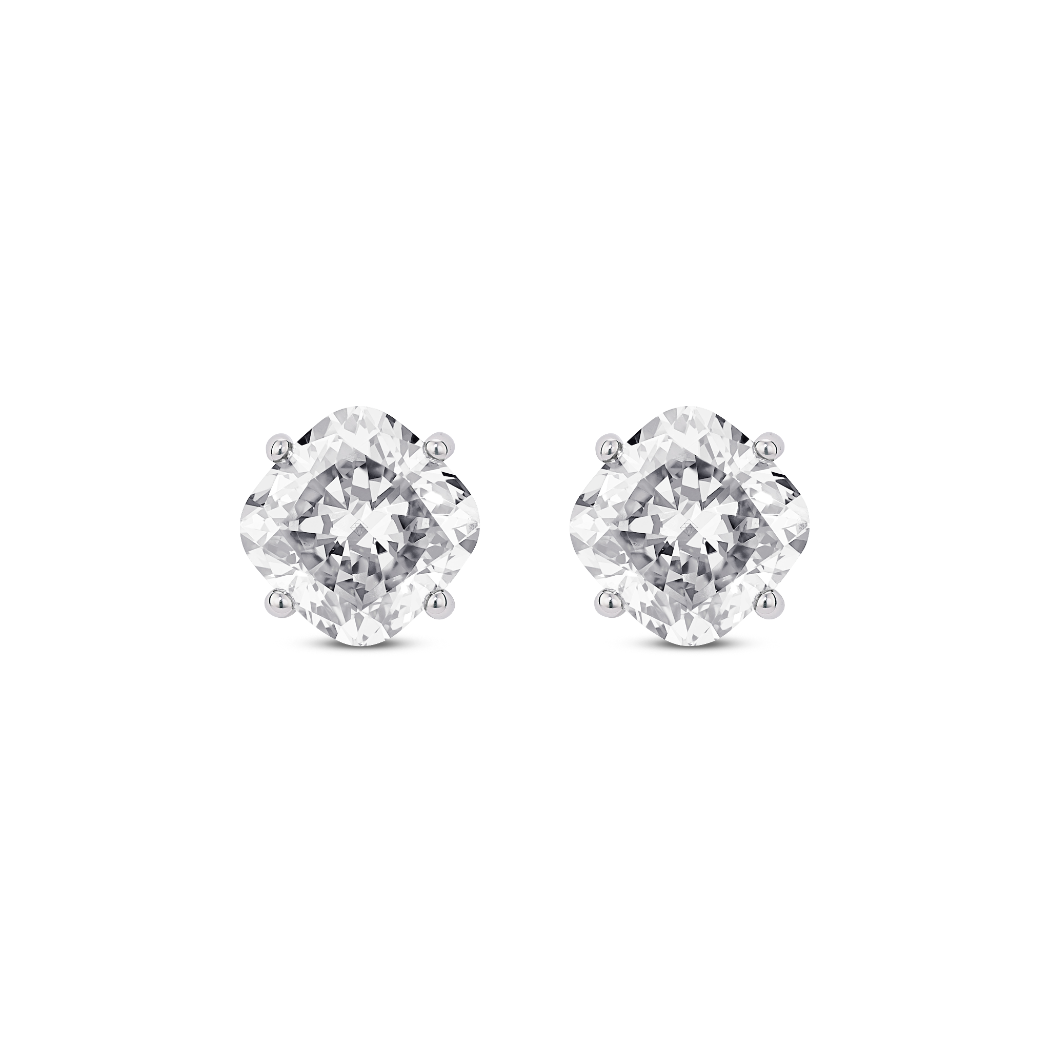 Front view of white gold 2 carat total weight lab-grown cushion cut studs