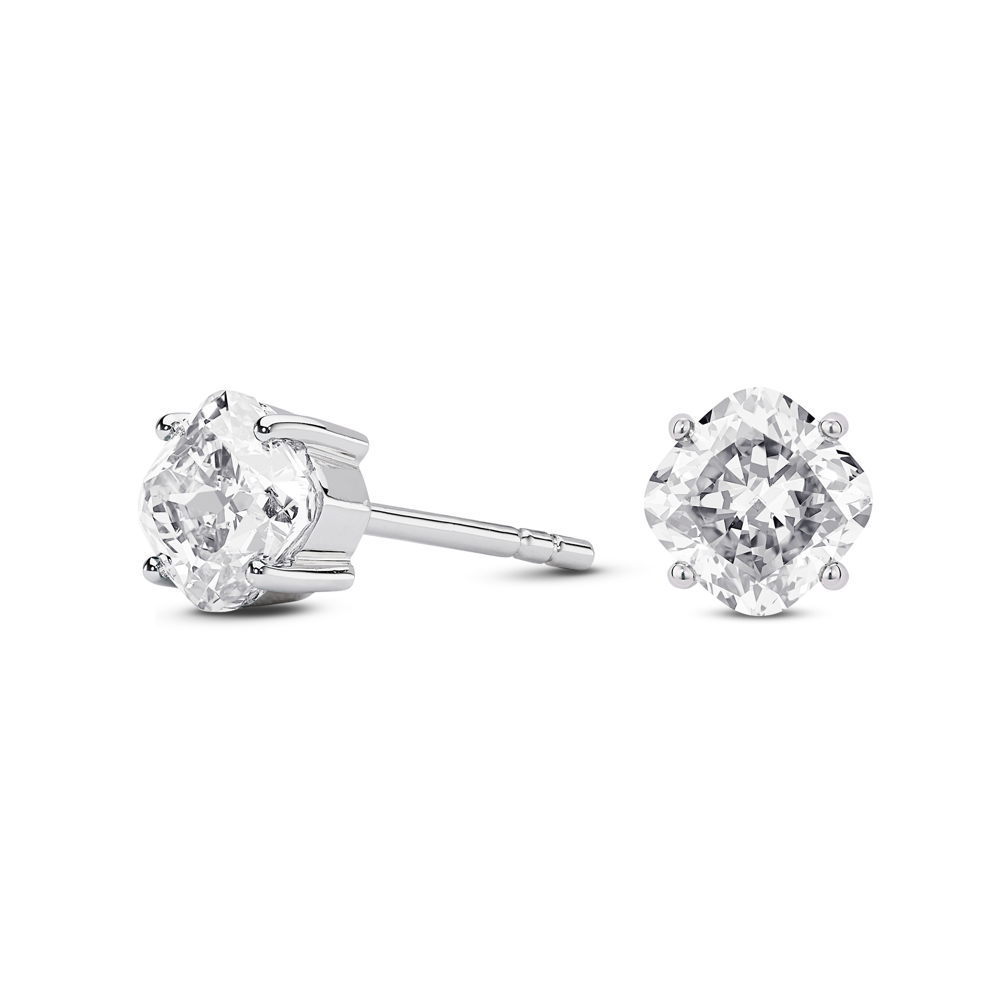 Side view of white gold 2 carat total weight lab-grown cushion cut studs