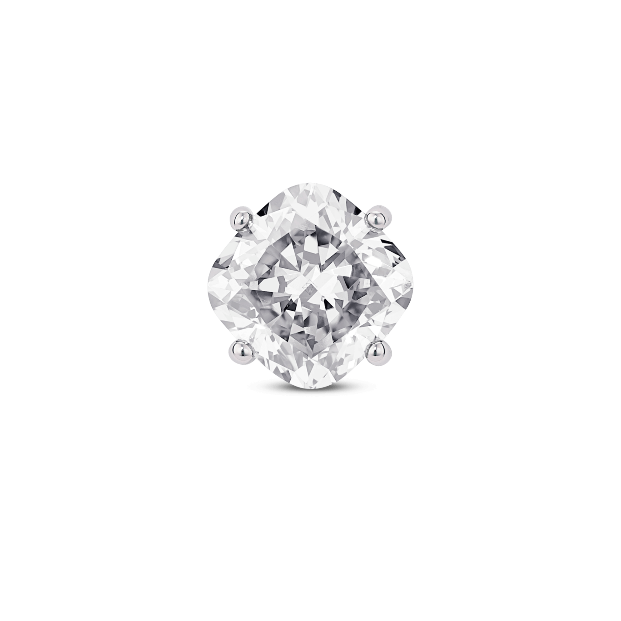 Front view of a white gold, lab-grown 1 carat cushion cut single stud