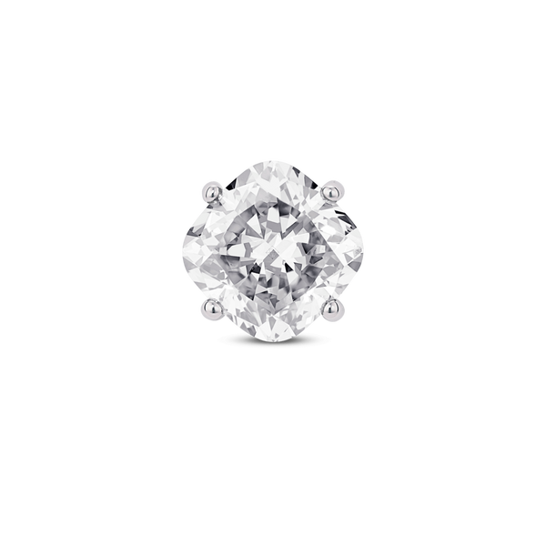 Front view of a white gold, lab-grown 1 carat cushion cut single stud