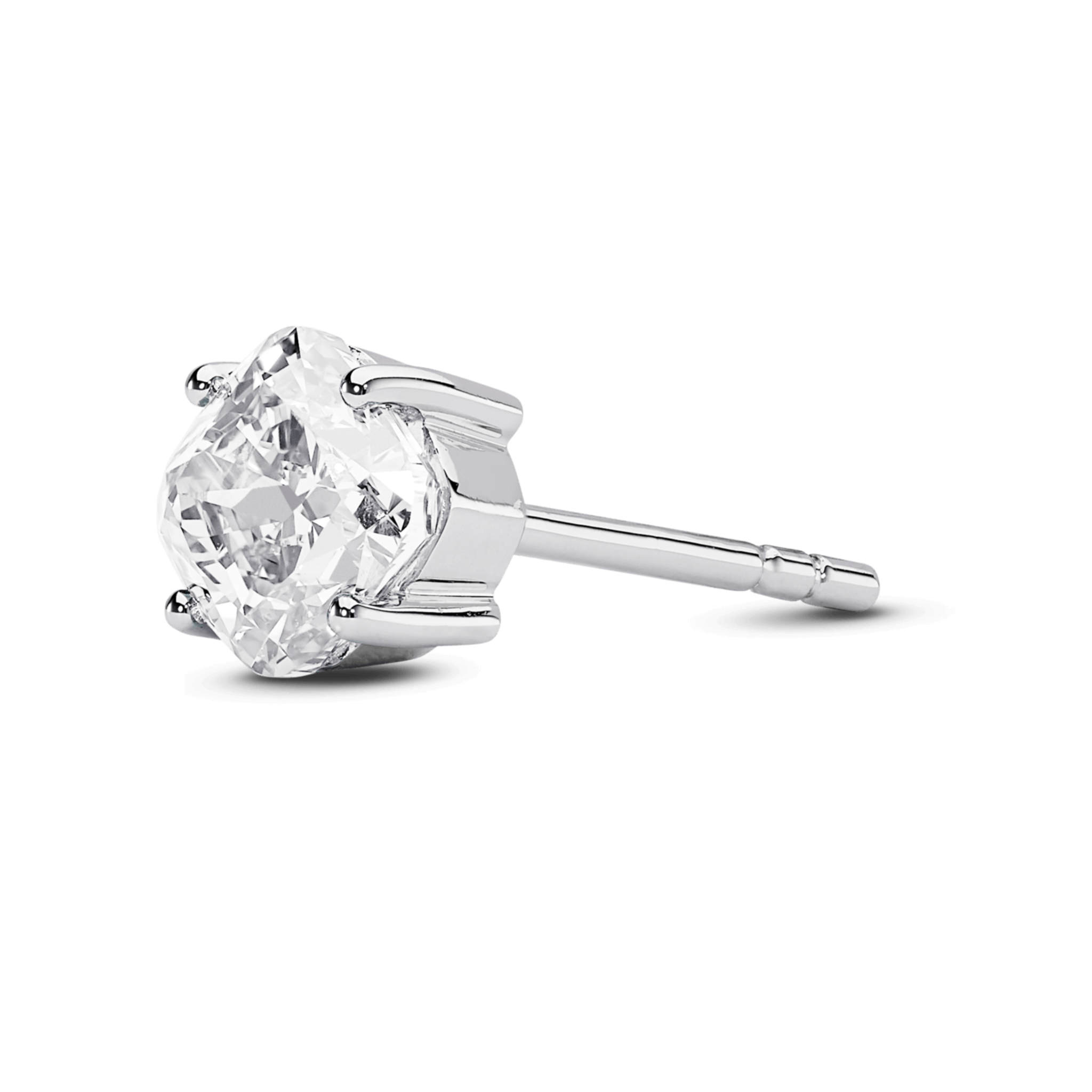 Side view of a white gold, lab-grown 1 carat cushion cut single stud