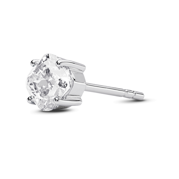 Side view of a white gold, lab-grown 1 carat cushion cut single stud