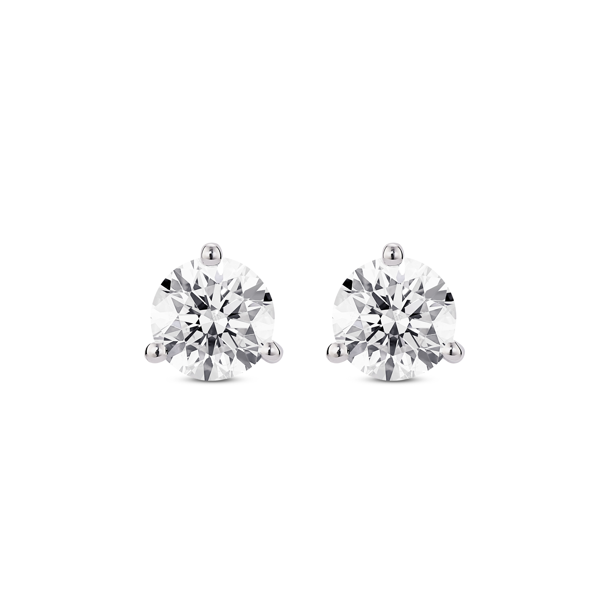 Front view of white gold, lab-grown 2 carat total weight round brilliant studs