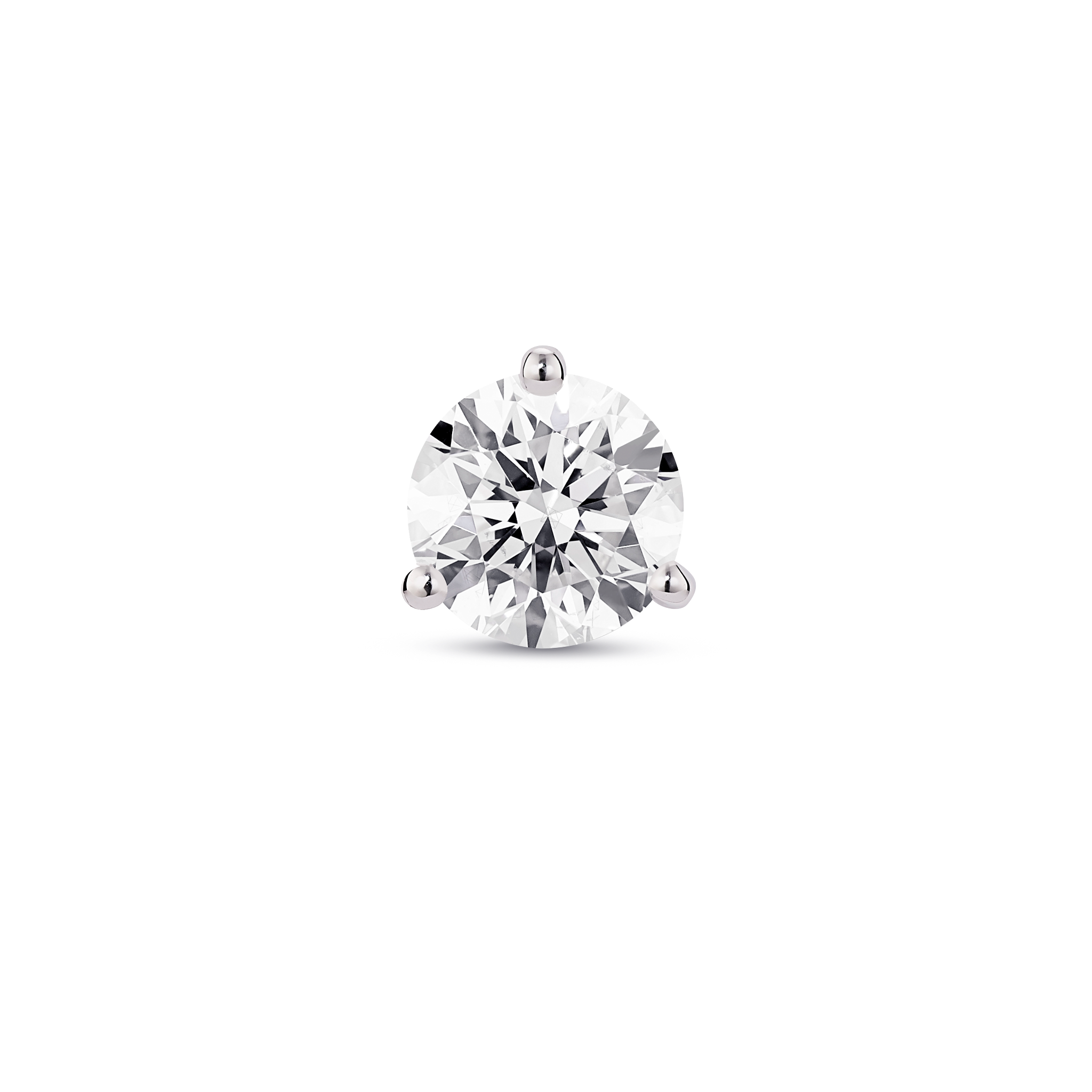 Front view of white gold, lab-grown 1 carat round brilliant single stud