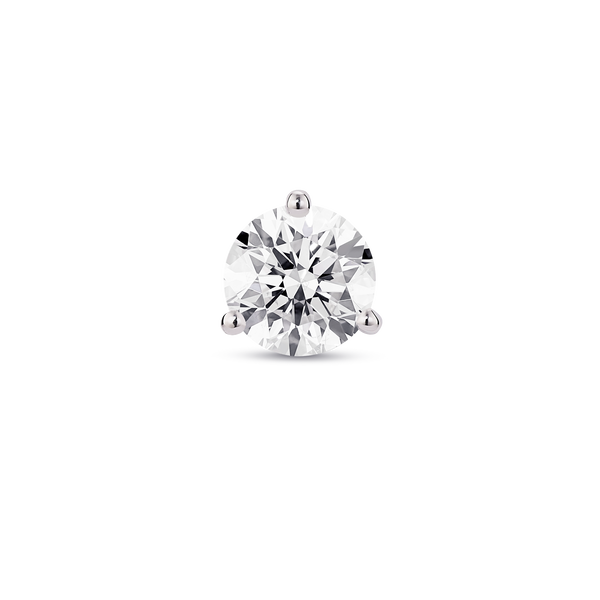 Front view of white gold, lab-grown 1 carat round brilliant single stud