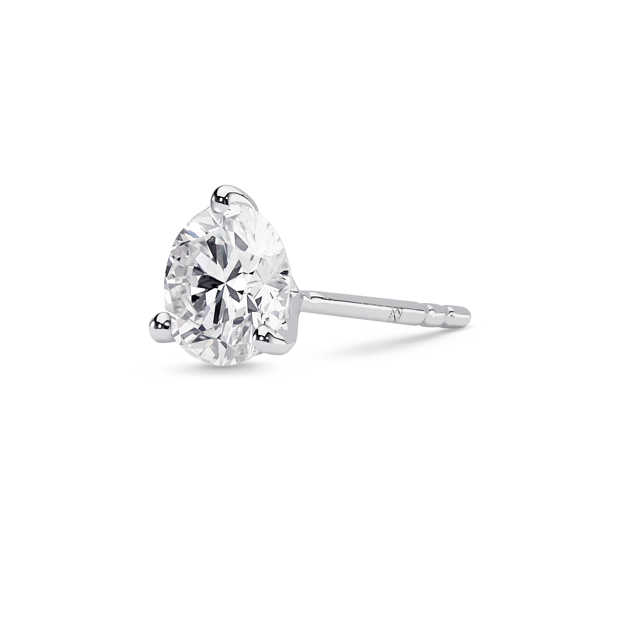 Side view of white gold, lab-grown 1 carat round brilliant single stud