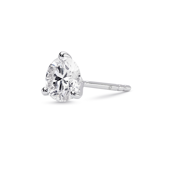 Side view of white gold, lab-grown 1 carat round brilliant single stud