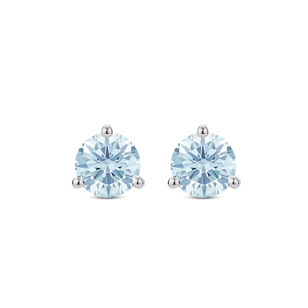 Front view of white gold, lab-grown blue 2 carat total weight round brilliant studs