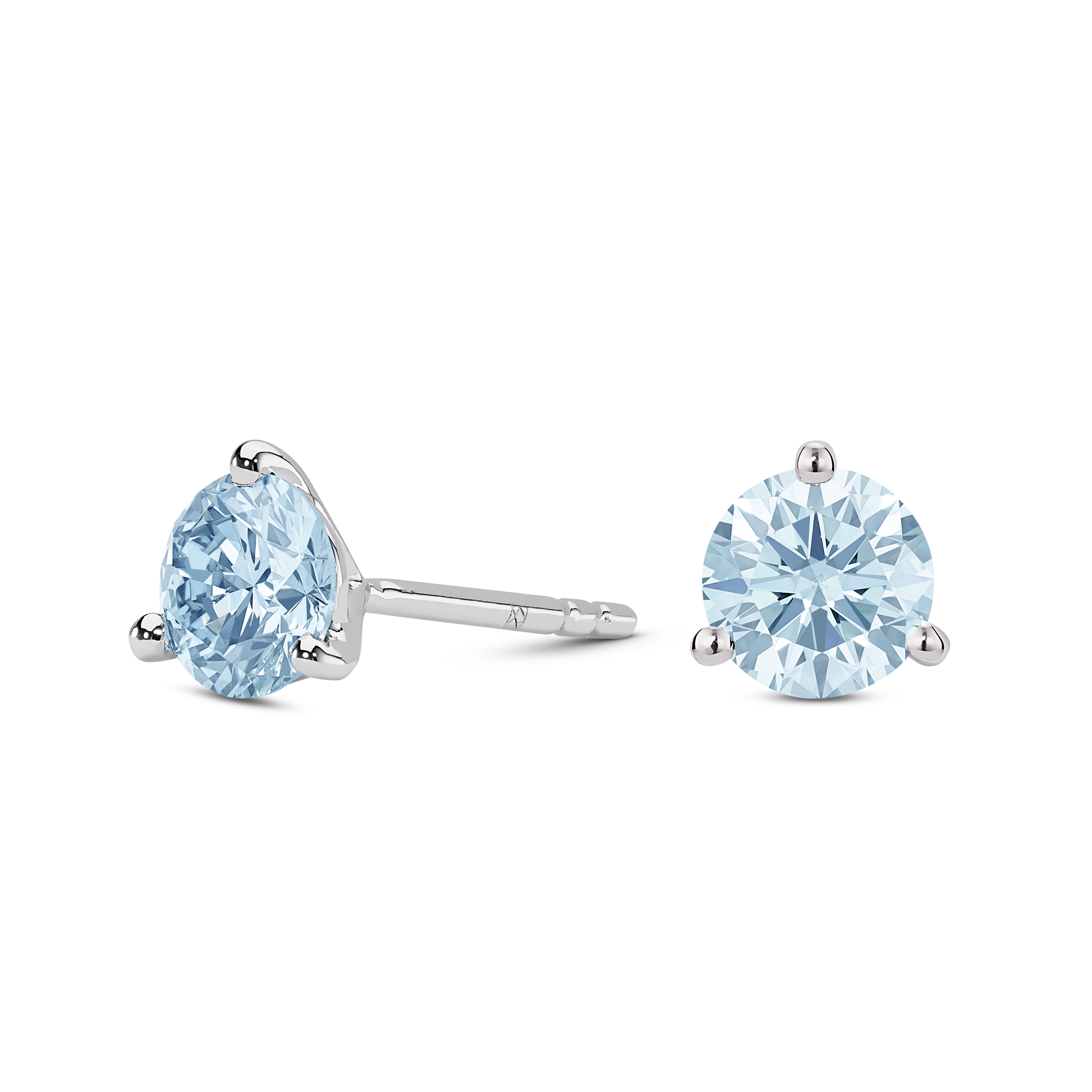 Side view of white gold, lab-grown blue 2 carat total weight round brilliant studs