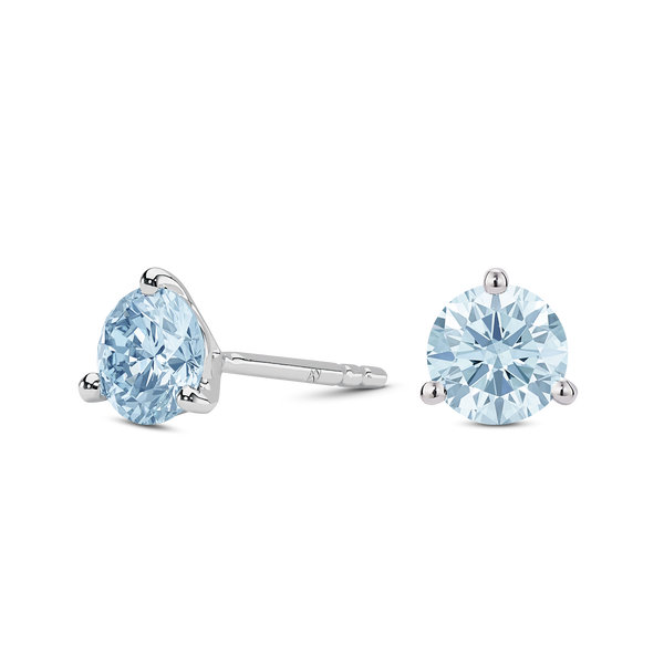 Side view of white gold, lab-grown blue 2 carat total weight round brilliant studs