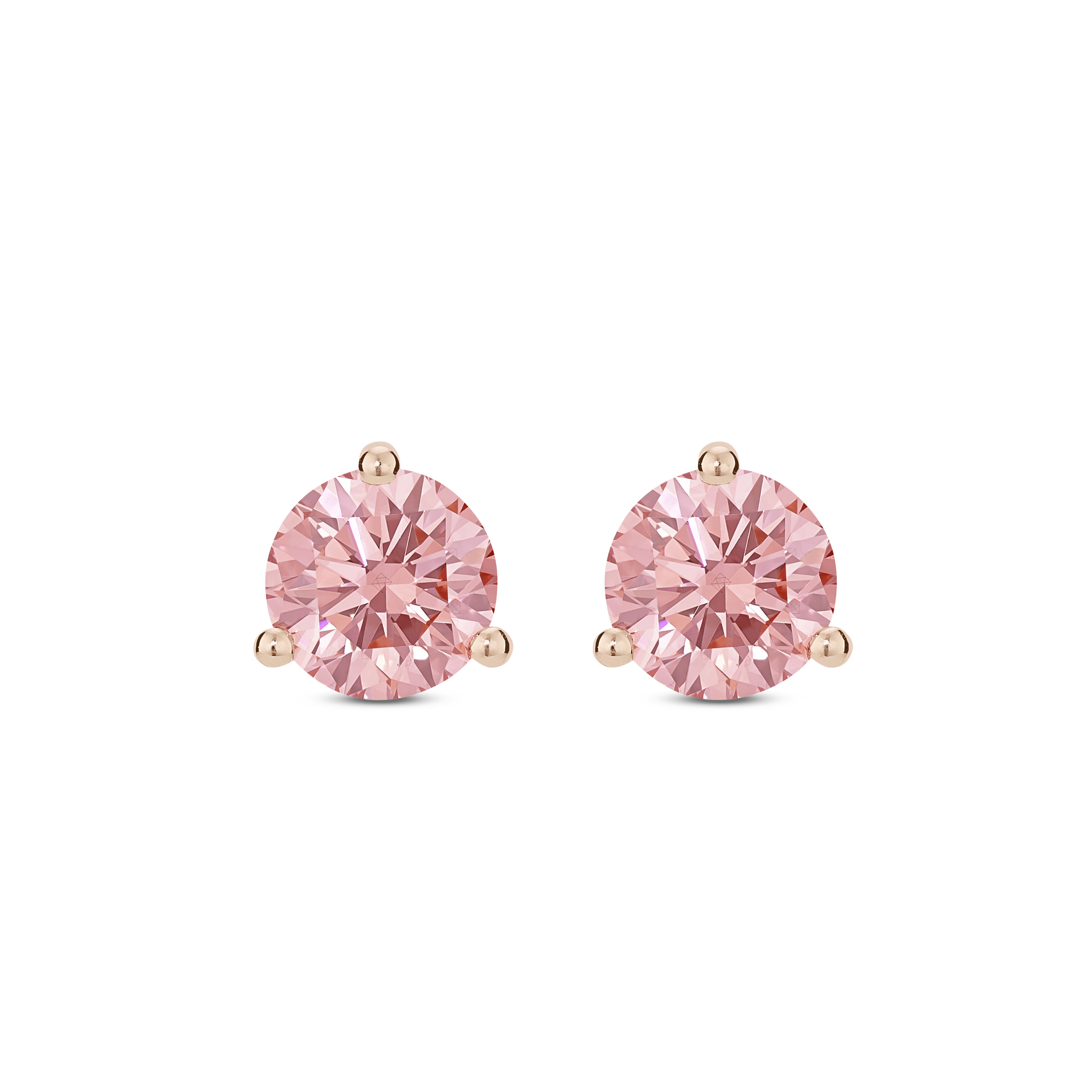 Front view of rose gold, lab-grown pink 2 carat total weight round brilliant studs