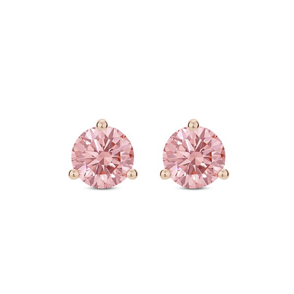 Front view of rose gold, lab-grown pink 2 carat total weight round brilliant studs