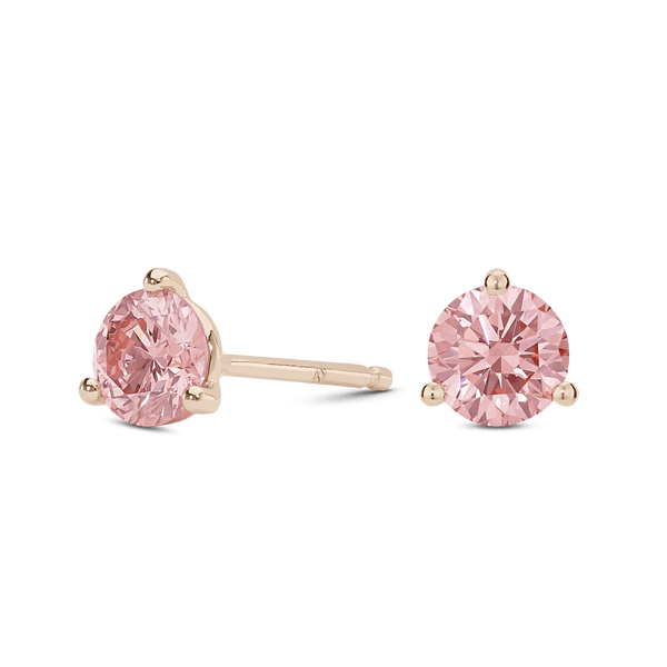 Side view of rose gold, lab-grown pink 2 carat total weight round brilliant studs