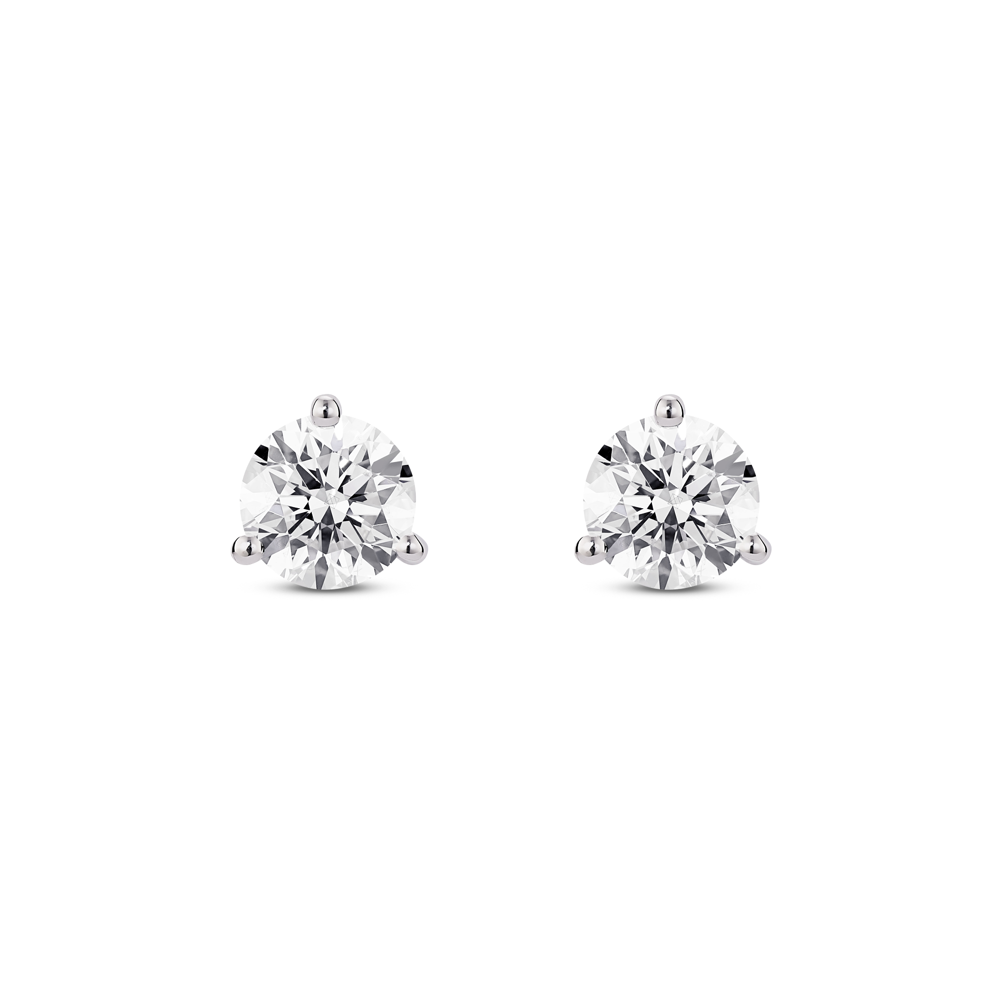 Front view of white gold, lab-grown 1.5 carat total weight round brilliant studs