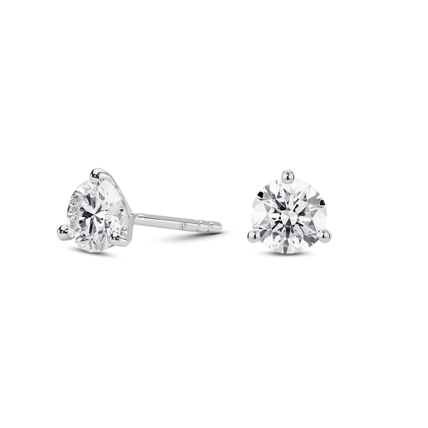 Side view of white gold, lab-grown 1.5 carat total weight round brilliant studs