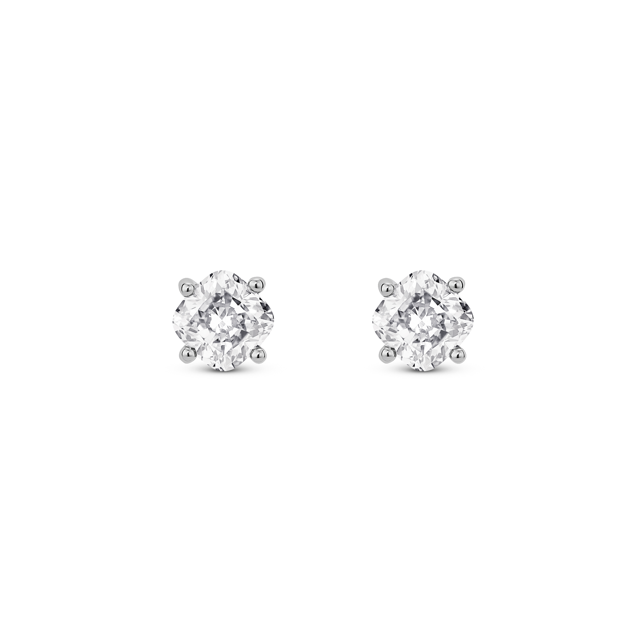 Front view of white gold 1 carat total weight lab-grown cushion cut studs