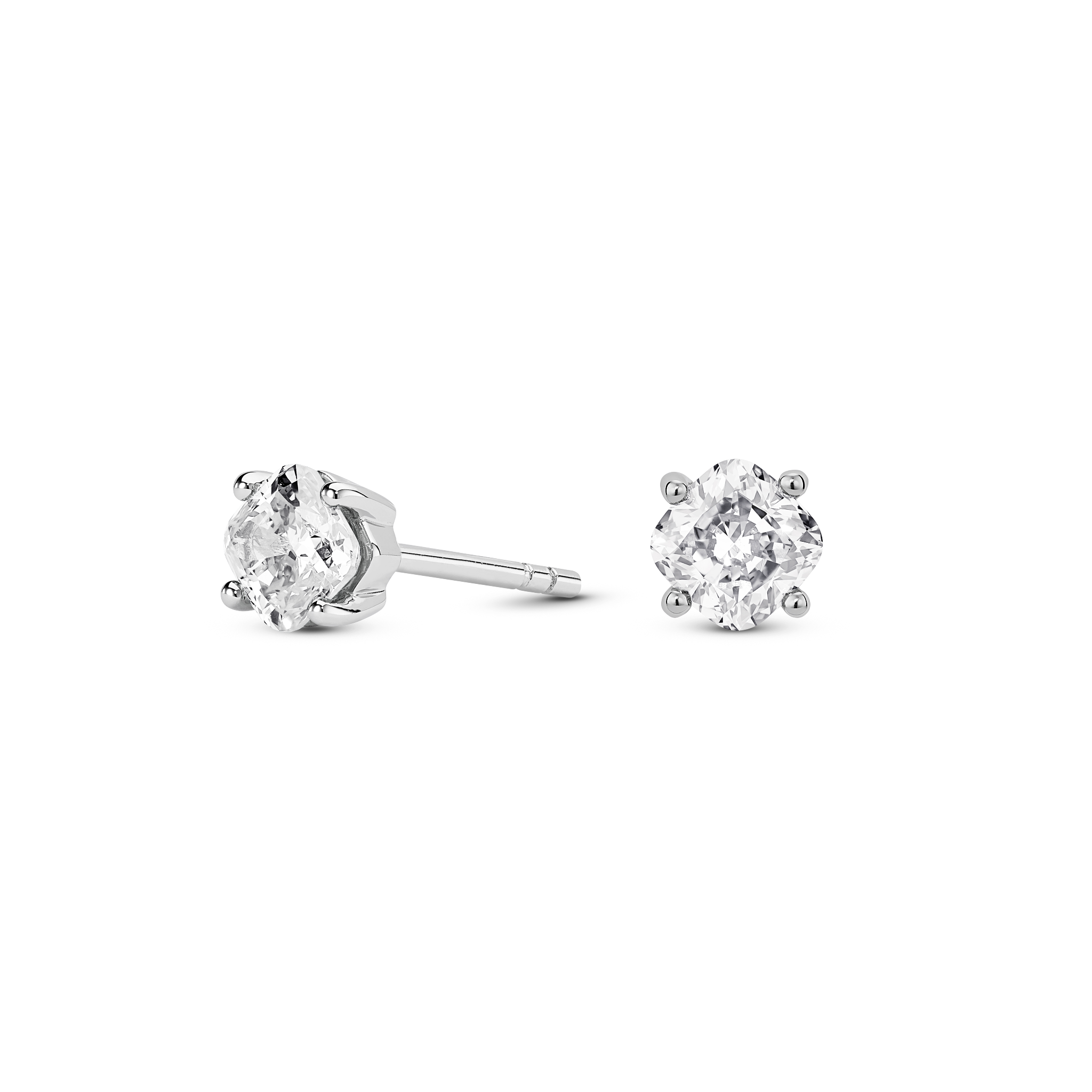 Side view of white gold 1 carat total weight lab-grown cushion cut studs