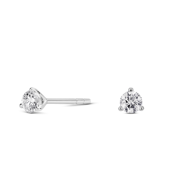 Side view of white gold, lab-grown 
0.25 carat total weight round brilliant studs