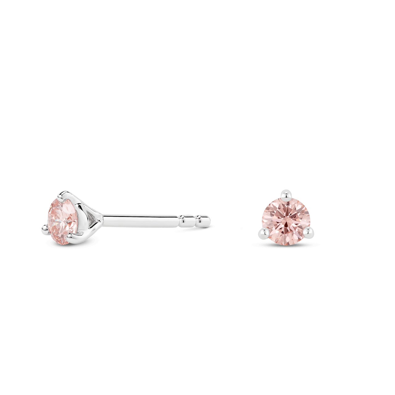 Side view of white gold, pink 0.25 carat total weight lab-grown round brilliant studs