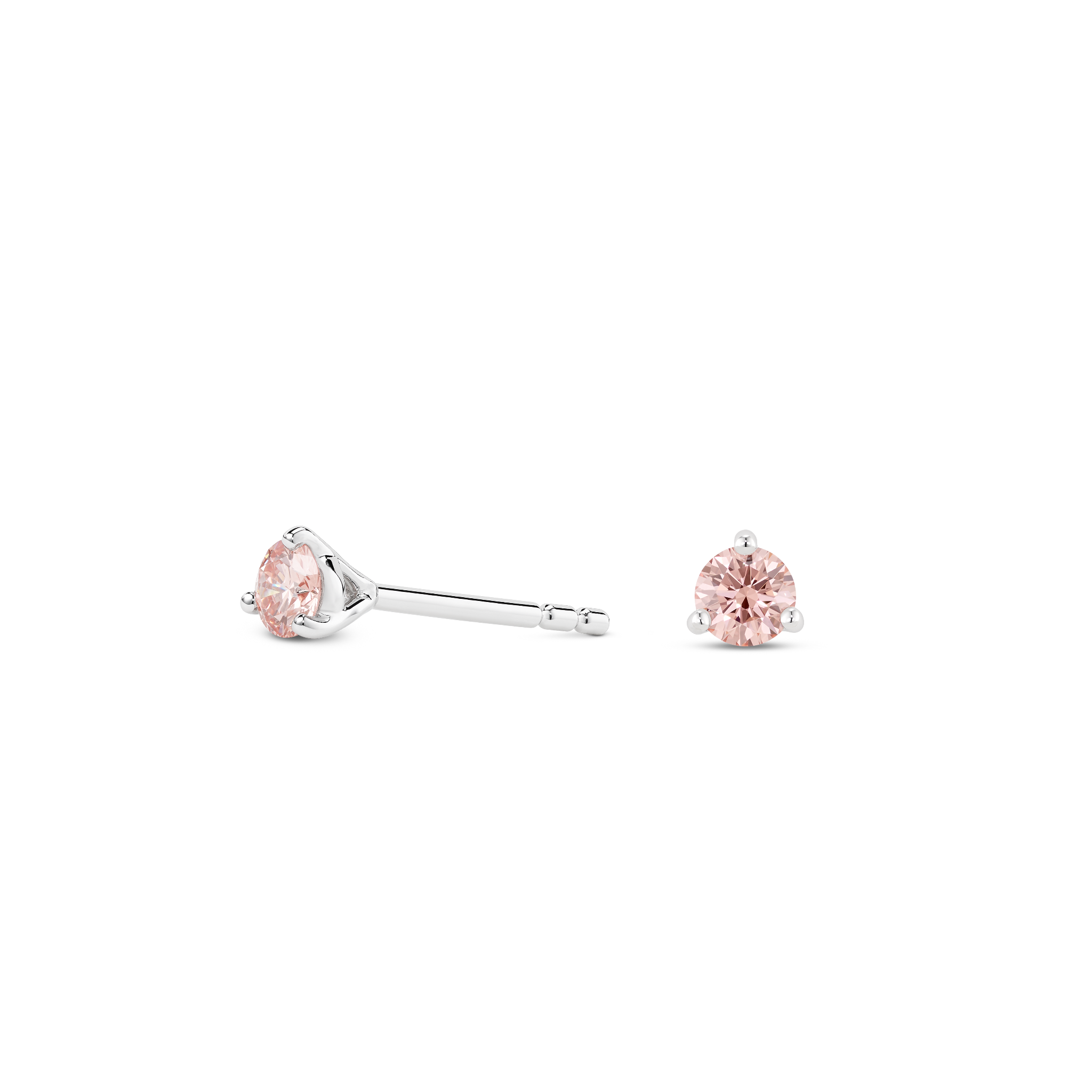 Side view of white gold, pink 0.25 carat total weight lab-grown round brilliant studs