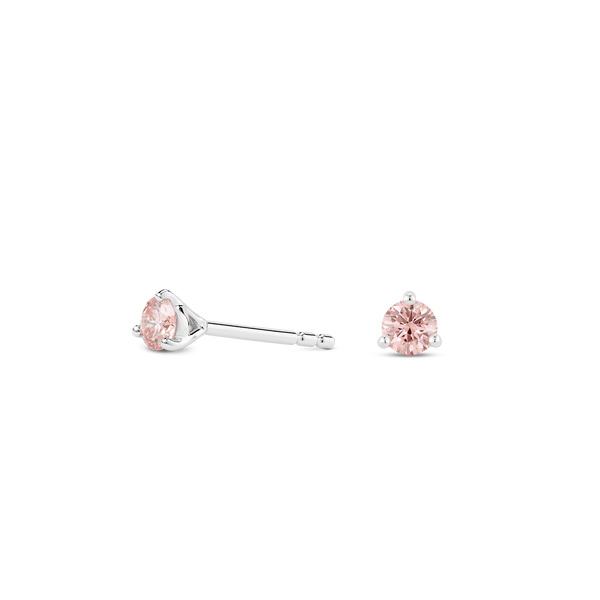 Side view of white gold, pink 0.25 carat total weight lab-grown round brilliant studs